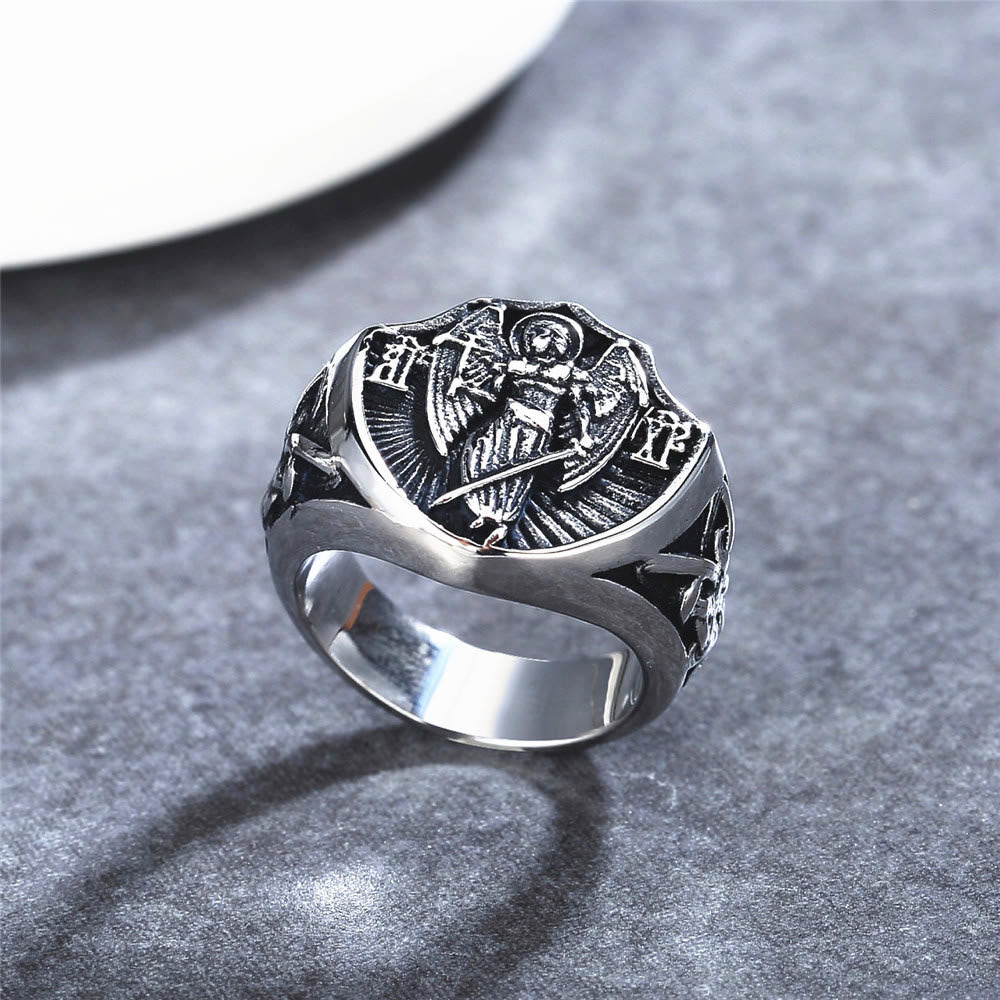 Christianartworkshop Ring im Retro-Stil mit Schutzengel St. Michael, Schutz und Stärke