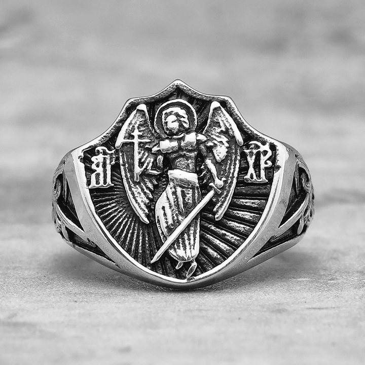 Christianartworkshop Ring im Retro-Stil mit Schutzengel St. Michael, Schutz und Stärke