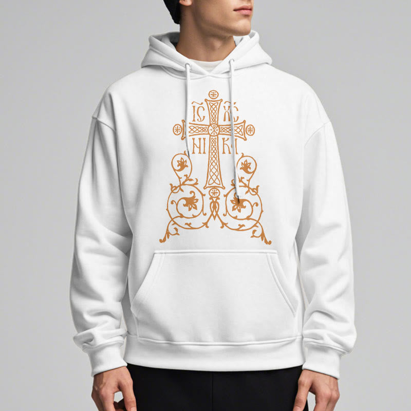 Christianartworkshop Kapuzenpullover aus Polyester im klassischen Stil mit Heiligem Kreuz-Emblem und Blumenranken, mit Fleece gefüttert