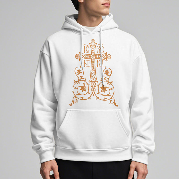 Christianartworkshop Kapuzenpullover aus Polyester im klassischen Stil mit Heiligem Kreuz-Emblem und Blumenranken, mit Fleece gefüttert