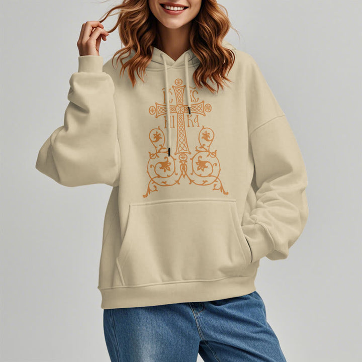 Christianartworkshop Klassischer Hoodie mit heiligem Kreuz und floralem Rankenmuster, gefüttert mit Fleece, Polyester - image 13