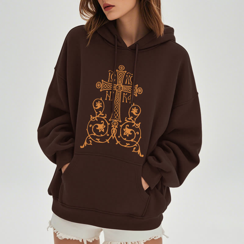 Christianartworkshop Kapuzenpullover aus Polyester im klassischen Stil mit Heiligem Kreuz-Emblem und Blumenranken, mit Fleece gefüttert