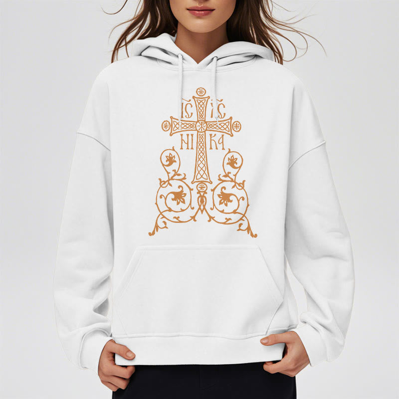 Christianartworkshop Kapuzenpullover aus Polyester im klassischen Stil mit Heiligem Kreuz-Emblem und Blumenranken, mit Fleece gefüttert