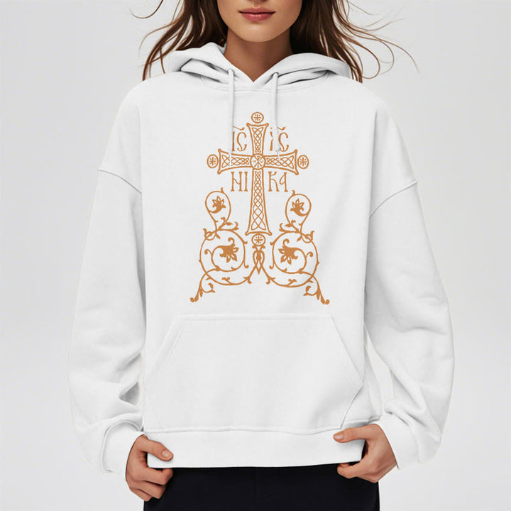 Christianartworkshop Kapuzenpullover aus Polyester im klassischen Stil mit Heiligem Kreuz-Emblem und Blumenranken, mit Fleece gefüttert