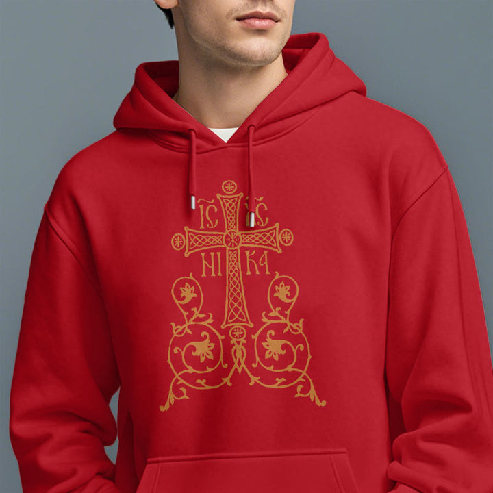 Christianartworkshop Kapuzenpullover aus Polyester im klassischen Stil mit Heiligem Kreuz-Emblem und Blumenranken, mit Fleece gefüttert