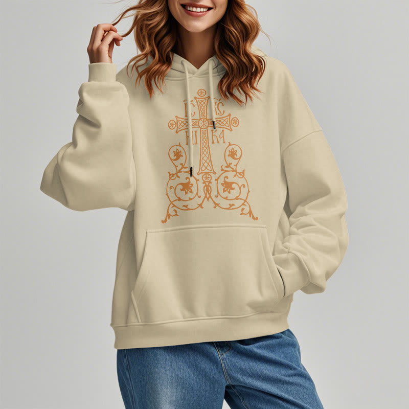 Christianartworkshop Kapuzenpullover aus Polyester im klassischen Stil mit Heiligem Kreuz-Emblem und Blumenranken, mit Fleece gefüttert