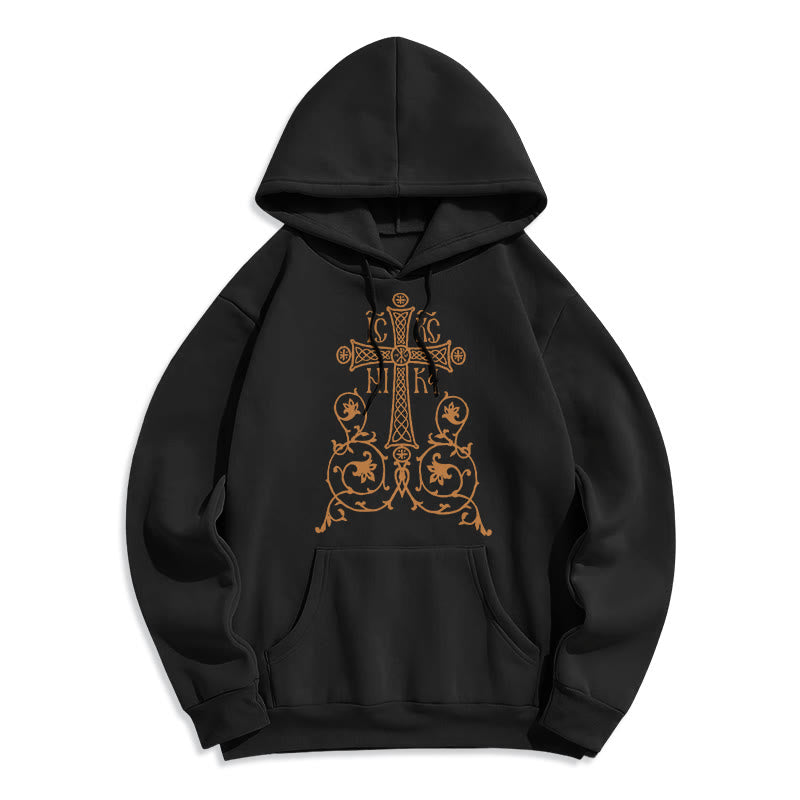Christianartworkshop Klassischer Hoodie mit heiligem Kreuz und floralem Rankenmuster, gefüttert mit Fleece, Polyester - Schwarz - 2XL - image 0