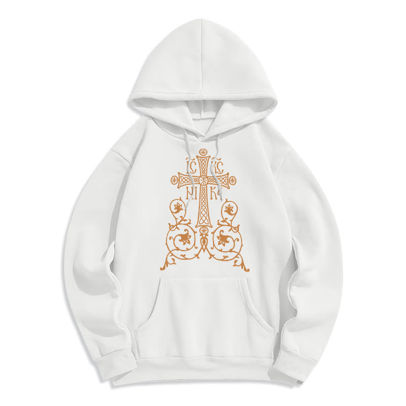 Christianartworkshop Kapuzenpullover aus Polyester im klassischen Stil mit Heiligem Kreuz-Emblem und Blumenranken, mit Fleece gefüttert
