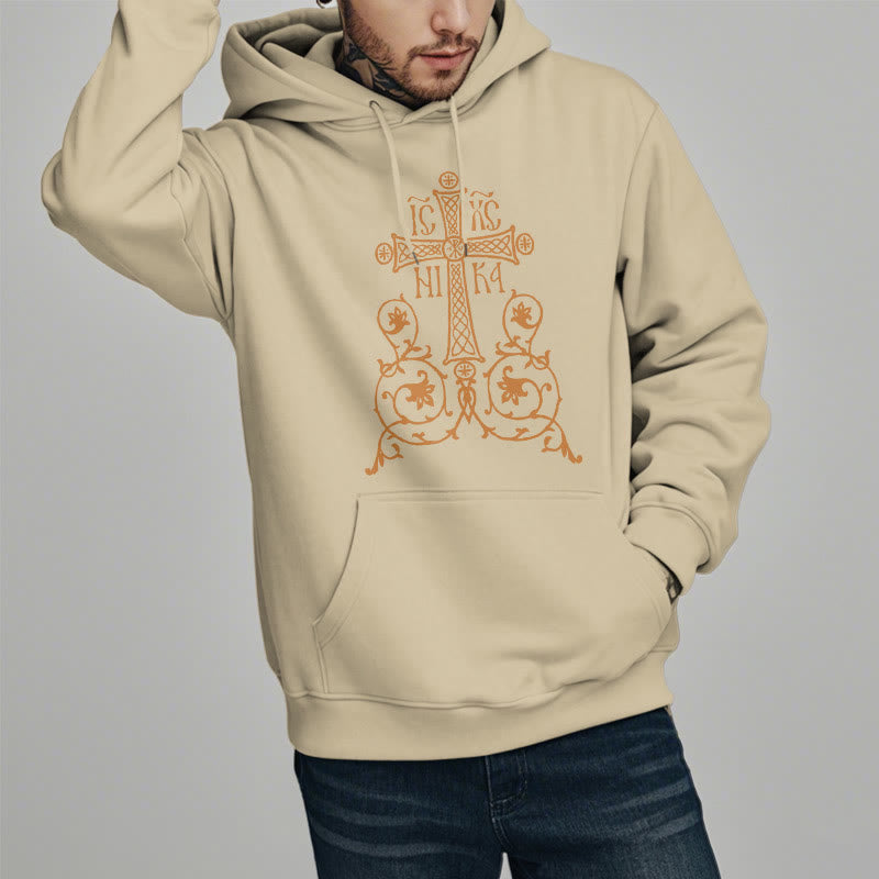 Christianartworkshop Kapuzenpullover aus Polyester im klassischen Stil mit Heiligem Kreuz-Emblem und Blumenranken, mit Fleece gefüttert