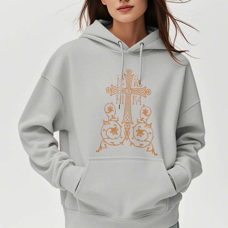 Christianartworkshop Kapuzenpullover aus Polyester im klassischen Stil mit Heiligem Kreuz-Emblem und Blumenranken, mit Fleece gefüttert