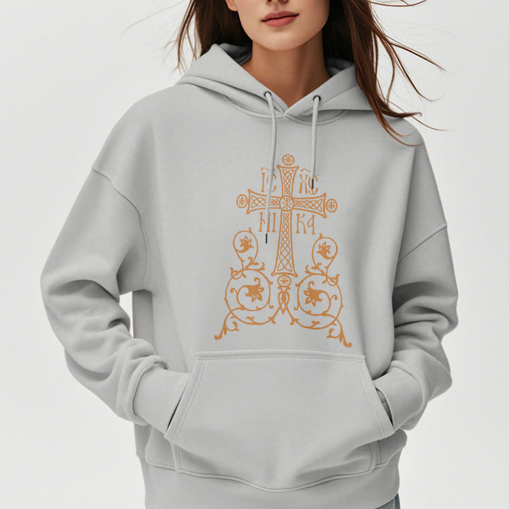 Christianartworkshop Kapuzenpullover aus Polyester im klassischen Stil mit Heiligem Kreuz-Emblem und Blumenranken, mit Fleece gefüttert