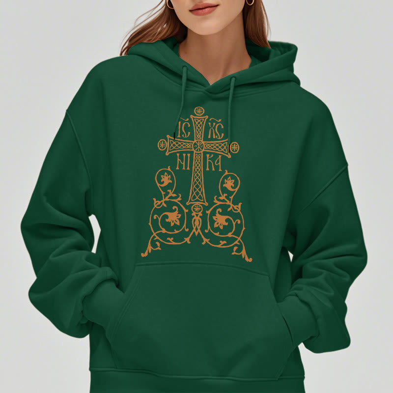 Christianartworkshop Kapuzenpullover aus Polyester im klassischen Stil mit Heiligem Kreuz-Emblem und Blumenranken, mit Fleece gefüttert