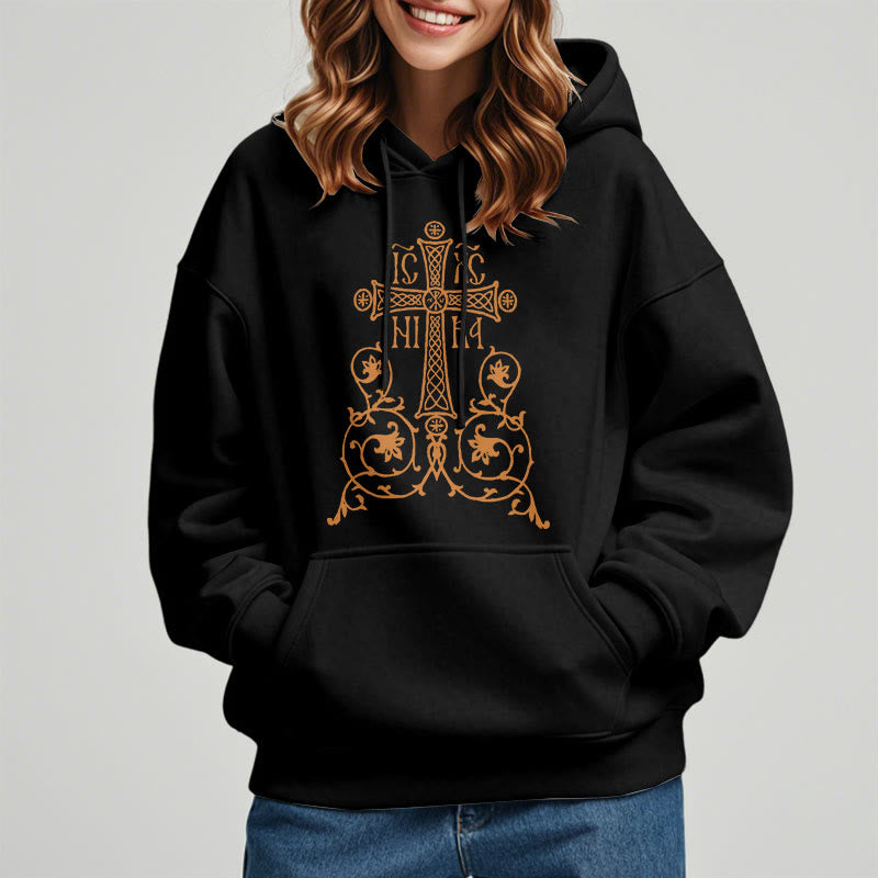 Christianartworkshop Kapuzenpullover aus Polyester im klassischen Stil mit Heiligem Kreuz-Emblem und Blumenranken, mit Fleece gefüttert