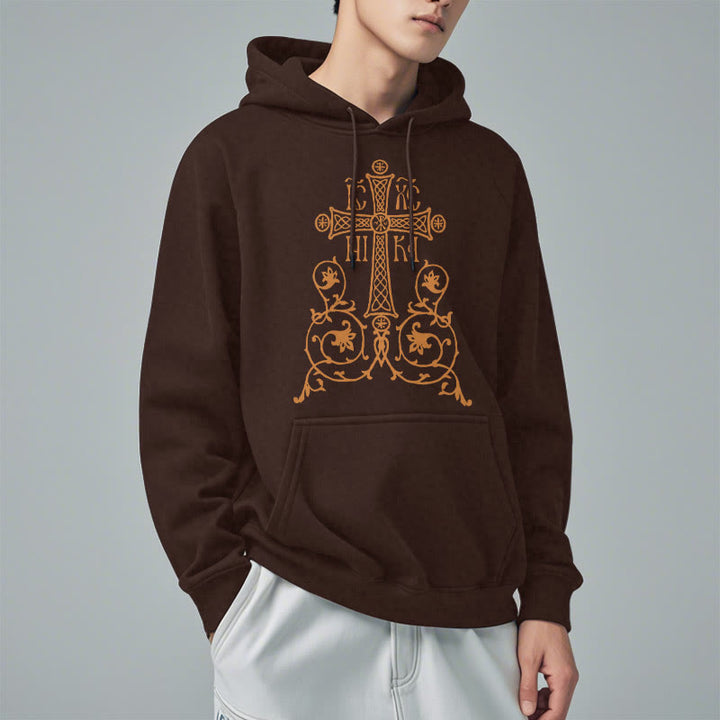 Christianartworkshop Kapuzenpullover aus Polyester im klassischen Stil mit Heiligem Kreuz-Emblem und Blumenranken, mit Fleece gefüttert
