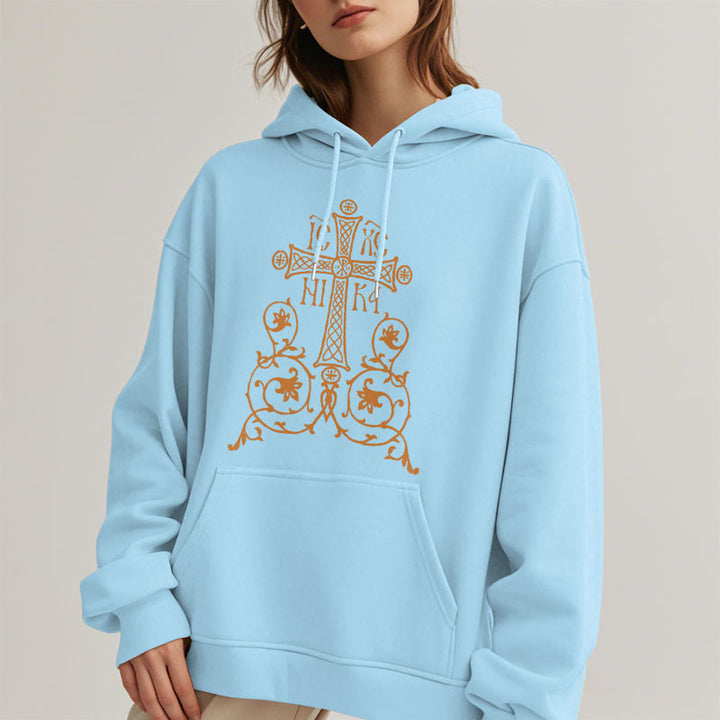 Christianartworkshop Kapuzenpullover aus Polyester im klassischen Stil mit Heiligem Kreuz-Emblem und Blumenranken, mit Fleece gefüttert