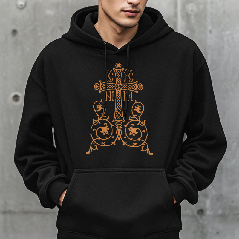 Christianartworkshop Kapuzenpullover aus Polyester im klassischen Stil mit Heiligem Kreuz-Emblem und Blumenranken, mit Fleece gefüttert