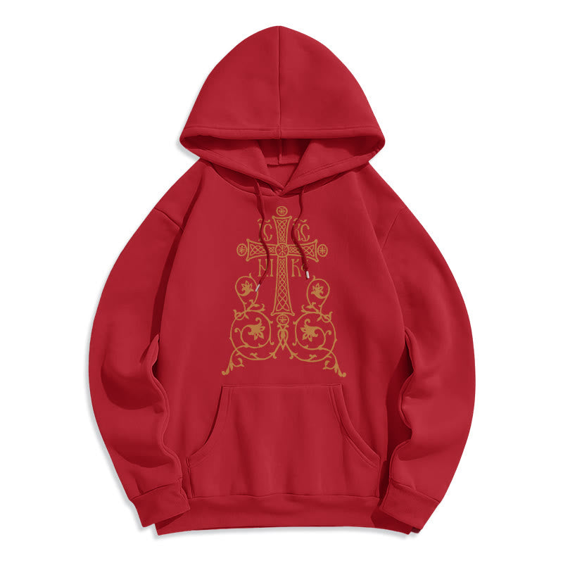 Christianartworkshop Kapuzenpullover aus Polyester im klassischen Stil mit Heiligem Kreuz-Emblem und Blumenranken, mit Fleece gefüttert