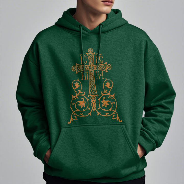 Christianartworkshop Kapuzenpullover aus Polyester im klassischen Stil mit Heiligem Kreuz-Emblem und Blumenranken, mit Fleece gefüttert