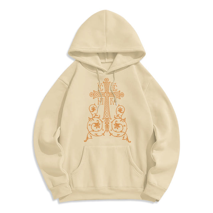 Christianartworkshop Kapuzenpullover aus Polyester im klassischen Stil mit Heiligem Kreuz-Emblem und Blumenranken, mit Fleece gefüttert