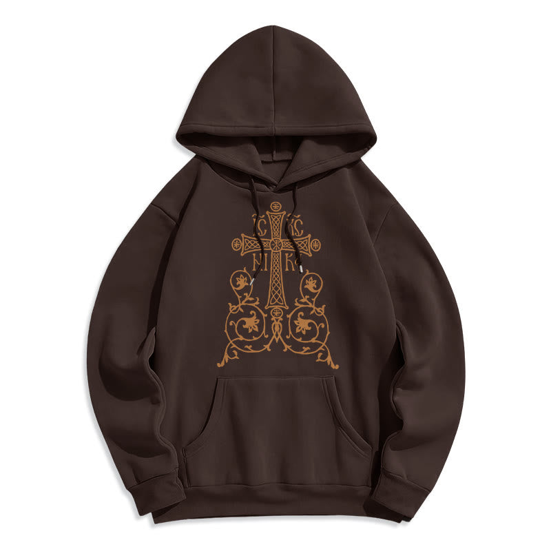 Christianartworkshop Kapuzenpullover aus Polyester im klassischen Stil mit Heiligem Kreuz-Emblem und Blumenranken, mit Fleece gefüttert