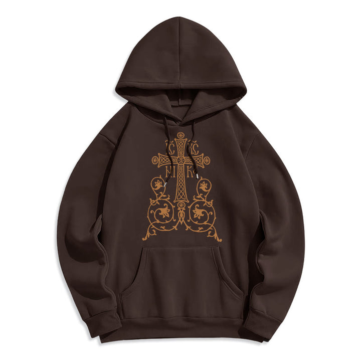 Christianartworkshop Kapuzenpullover aus Polyester im klassischen Stil mit Heiligem Kreuz-Emblem und Blumenranken, mit Fleece gefüttert