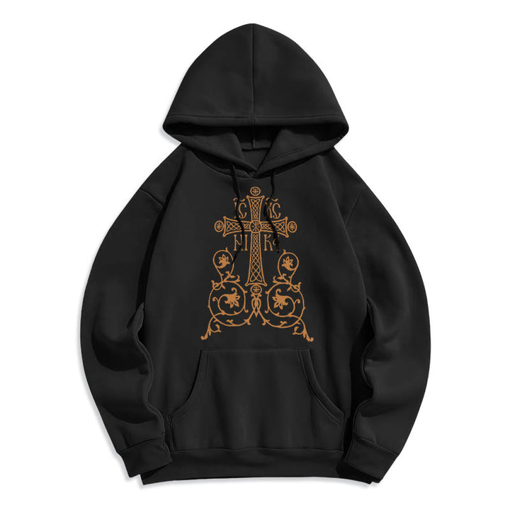 Christianartworkshop Kapuzenpullover aus Polyester im klassischen Stil mit Heiligem Kreuz-Emblem und Blumenranken, mit Fleece gefüttert