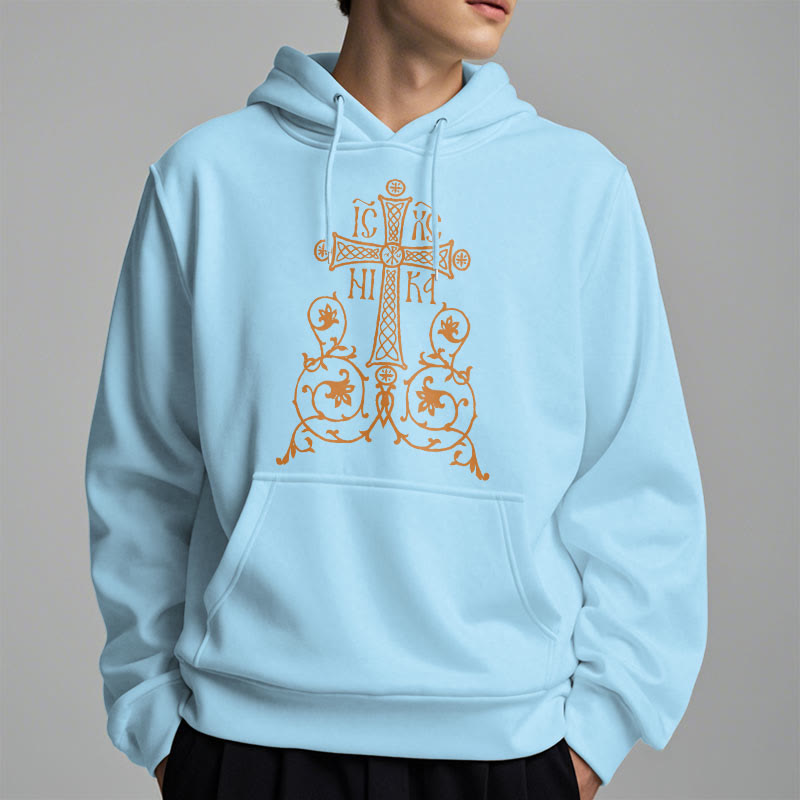 Christianartworkshop Kapuzenpullover aus Polyester im klassischen Stil mit Heiligem Kreuz-Emblem und Blumenranken, mit Fleece gefüttert