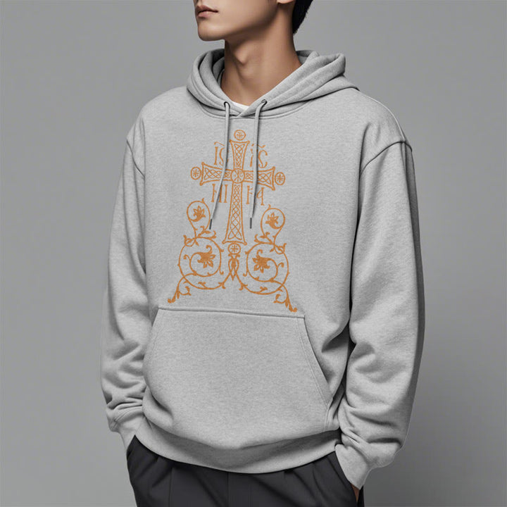 Christianartworkshop Kapuzenpullover aus Polyester im klassischen Stil mit Heiligem Kreuz-Emblem und Blumenranken, mit Fleece gefüttert