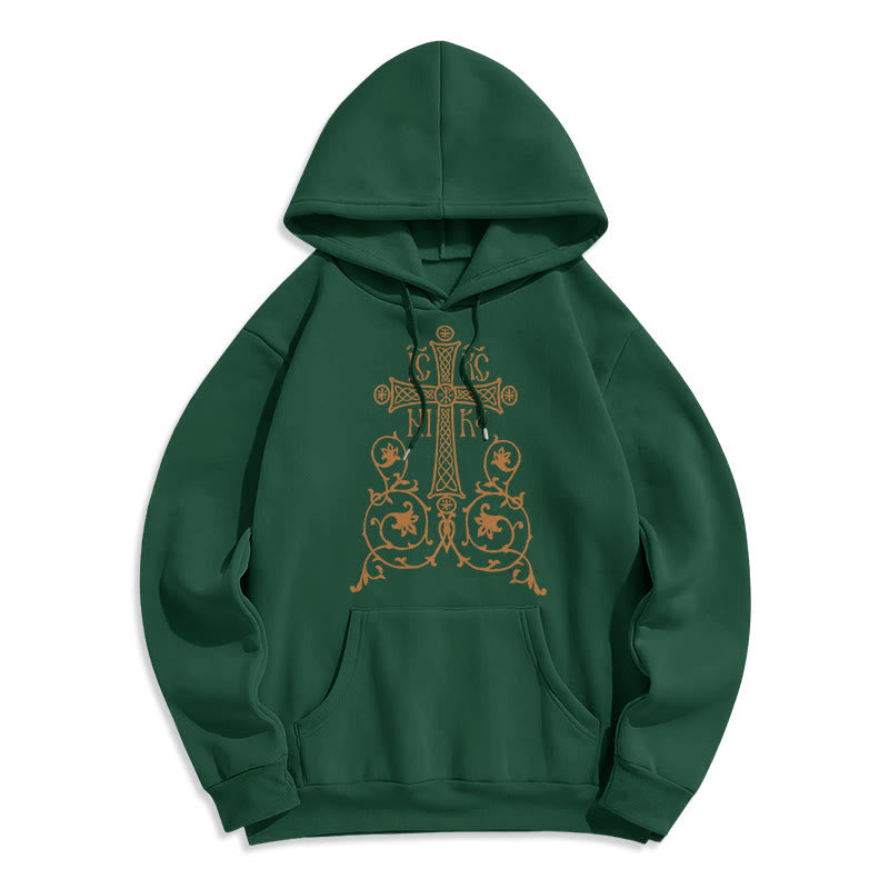 Christianartworkshop Kapuzenpullover aus Polyester im klassischen Stil mit Heiligem Kreuz-Emblem und Blumenranken, mit Fleece gefüttert