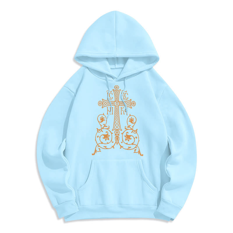 Christianartworkshop Kapuzenpullover aus Polyester im klassischen Stil mit Heiligem Kreuz-Emblem und Blumenranken, mit Fleece gefüttert