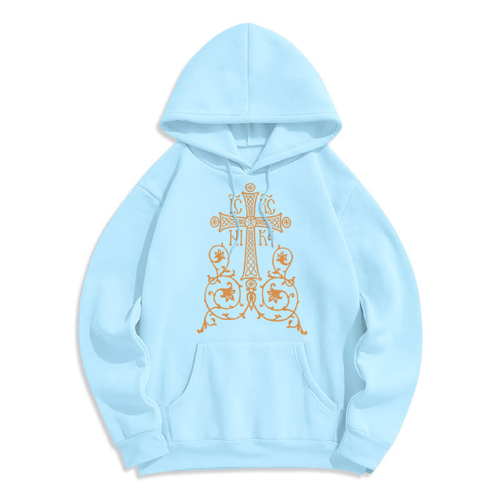 Christianartworkshop Kapuzenpullover aus Polyester im klassischen Stil mit Heiligem Kreuz-Emblem und Blumenranken, mit Fleece gefüttert
