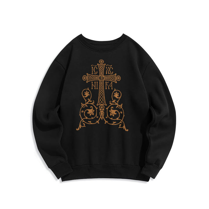 Christianartworkshop Sweatshirt im klassischen Stil mit Heiligem Kreuz-Emblem und Blumenranken, mit Fleece gefüttert, Polyester