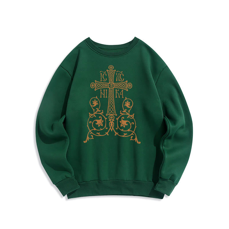 Christianartworkshop Sweatshirt im klassischen Stil mit Heiligem Kreuz-Emblem und Blumenranken, mit Fleece gefüttert, Polyester
