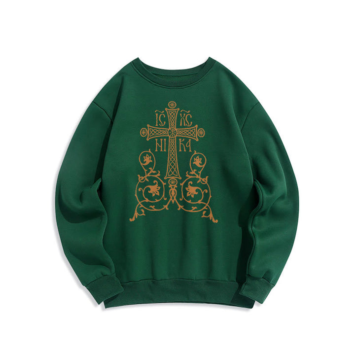 Christianartworkshop Sweatshirt im klassischen Stil mit Heiligem Kreuz-Emblem und Blumenranken, mit Fleece gefüttert, Polyester