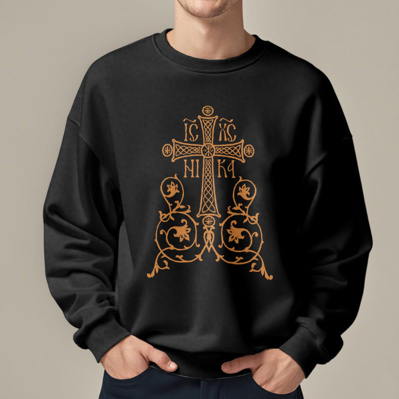 Christianartworkshop Sweatshirt im klassischen Stil mit Heiligem Kreuz-Emblem und Blumenranken, mit Fleece gefüttert, Polyester