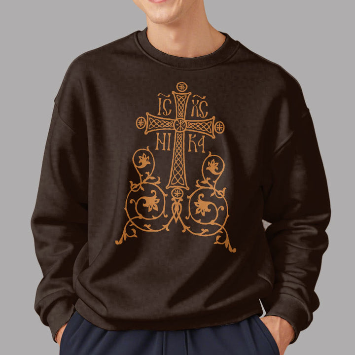 Christianartworkshop Sweatshirt im klassischen Stil mit Heiligem Kreuz-Emblem und Blumenranken, mit Fleece gefüttert, Polyester