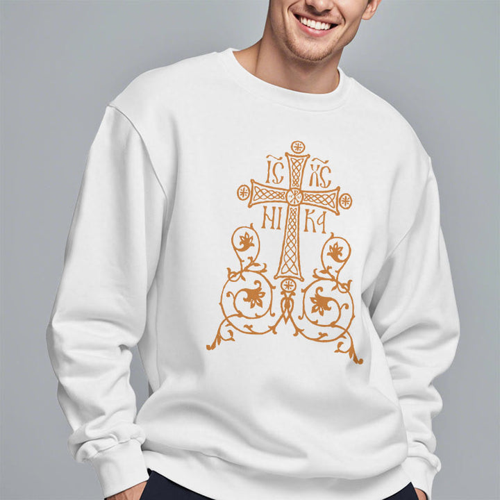 Christianartworkshop Sweatshirt im klassischen Stil mit Heiligem Kreuz-Emblem und Blumenranken, mit Fleece gefüttert, Polyester
