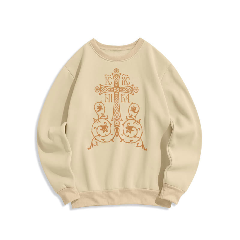 Christianartworkshop Sweatshirt im klassischen Stil mit Heiligem Kreuz-Emblem und Blumenranken, mit Fleece gefüttert, Polyester - Beige - 2XL - image 10