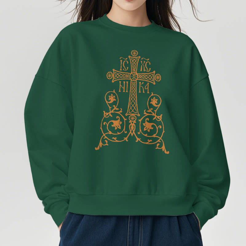 Christianartworkshop Sweatshirt im klassischen Stil mit Heiligem Kreuz-Emblem und Blumenranken, mit Fleece gefüttert, Polyester