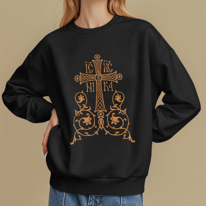Christianartworkshop Sweatshirt im klassischen Stil mit Heiligem Kreuz-Emblem und Blumenranken, mit Fleece gefüttert, Polyester - image 1