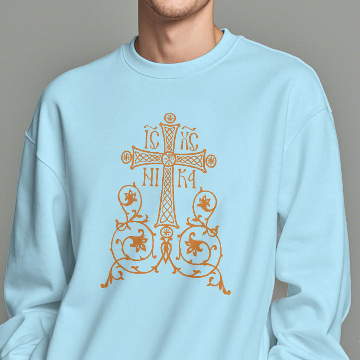 Christianartworkshop Sweatshirt im klassischen Stil mit Heiligem Kreuz-Emblem und Blumenranken, mit Fleece gefüttert, Polyester