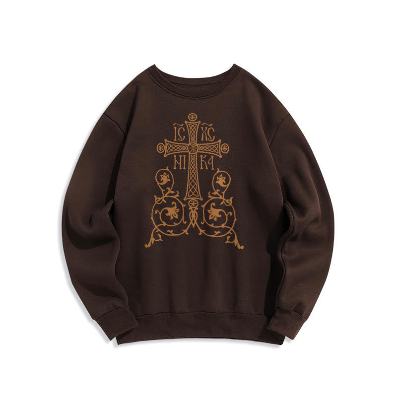 Christianartworkshop Sweatshirt im klassischen Stil mit Heiligem Kreuz-Emblem und Blumenranken, mit Fleece gefüttert, Polyester - Braun - 2XL - image 15