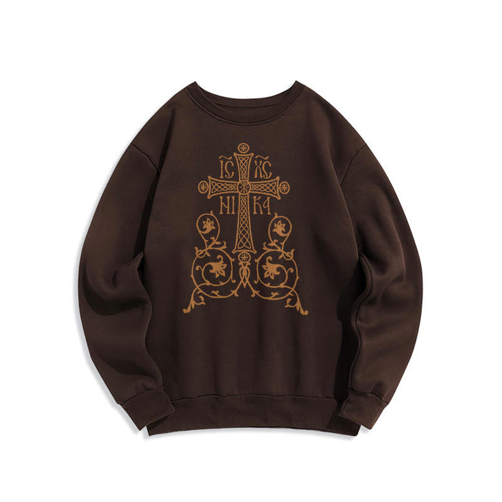Christianartworkshop Sweatshirt im klassischen Stil mit Heiligem Kreuz-Emblem und Blumenranken, mit Fleece gefüttert, Polyester - Braun - 2XL - image 15