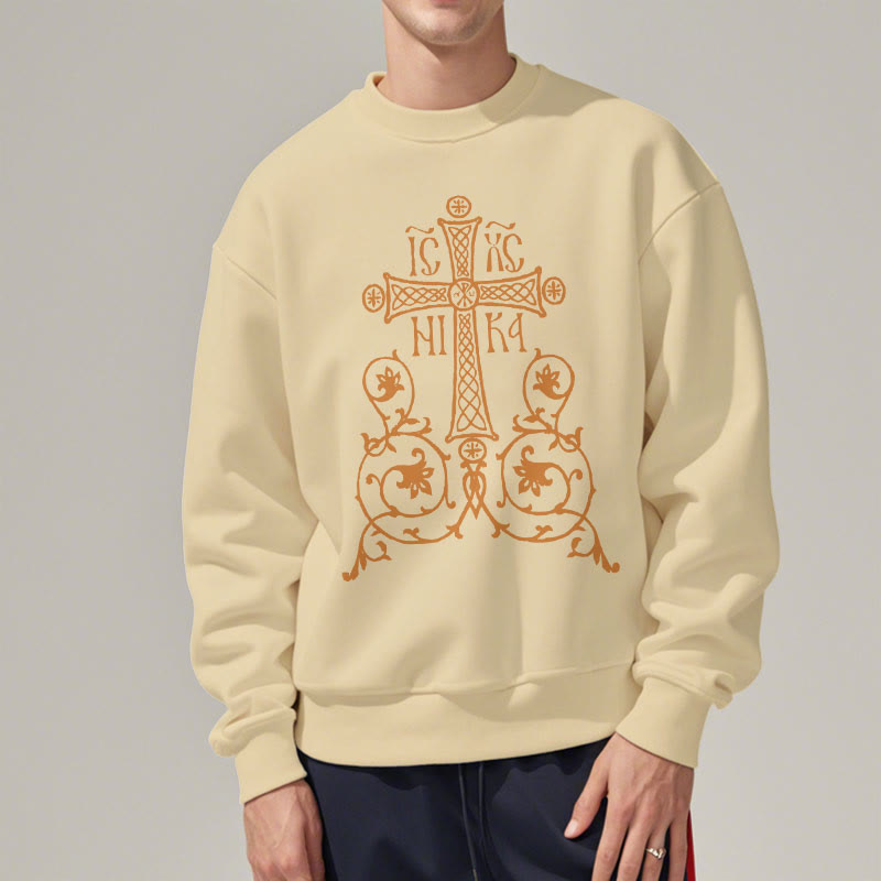 Christianartworkshop Sweatshirt im klassischen Stil mit Heiligem Kreuz-Emblem und Blumenranken, mit Fleece gefüttert, Polyester