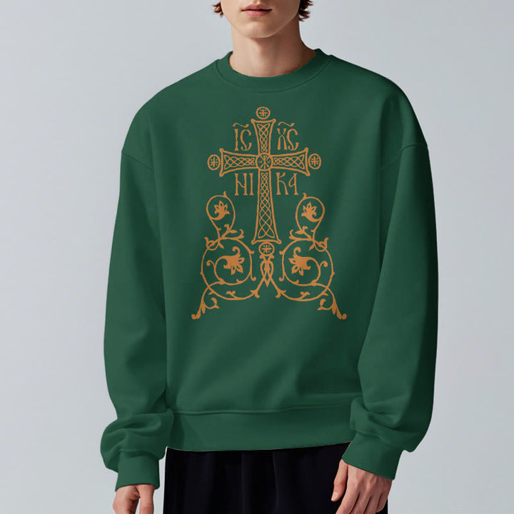 Christianartworkshop Sweatshirt im klassischen Stil mit Heiligem Kreuz-Emblem und Blumenranken, mit Fleece gefüttert, Polyester