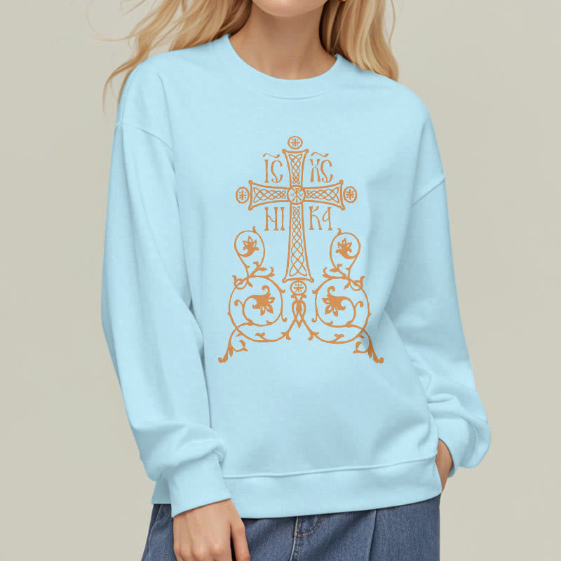 Christianartworkshop Sweatshirt im klassischen Stil mit Heiligem Kreuz-Emblem und Blumenranken, mit Fleece gefüttert, Polyester