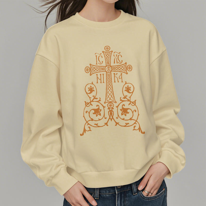 Christianartworkshop Sweatshirt im klassischen Stil mit Heiligem Kreuz-Emblem und Blumenranken, mit Fleece gefüttert, Polyester