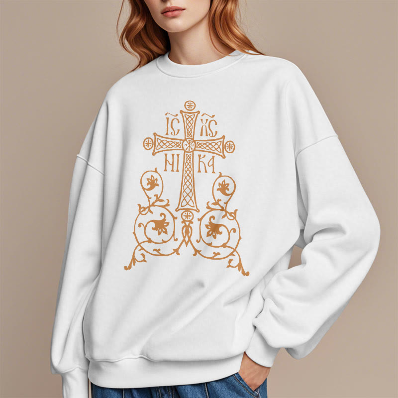 Christianartworkshop Sweatshirt im klassischen Stil mit Heiligem Kreuz-Emblem und Blumenranken, mit Fleece gefüttert, Polyester