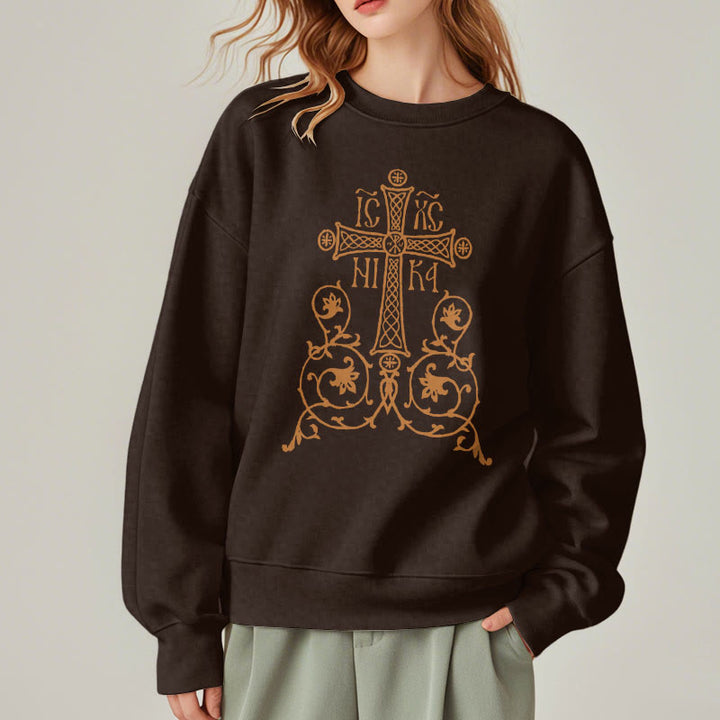Christianartworkshop Sweatshirt im klassischen Stil mit Heiligem Kreuz-Emblem und Blumenranken, mit Fleece gefüttert, Polyester