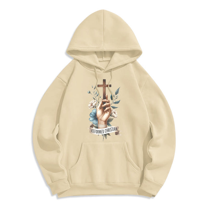 Christianartworkshop Klassischer farbiger Hoodie im reformierten christlichen Stil, gefüttert mit Polyester, Fleece-Futter - Beige - 2XL - image 10